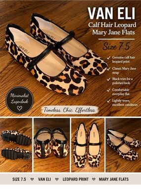 Van Eli Calf Hair Leopard Mary Jane Flats with Black Trim Minimalist Lagenlook